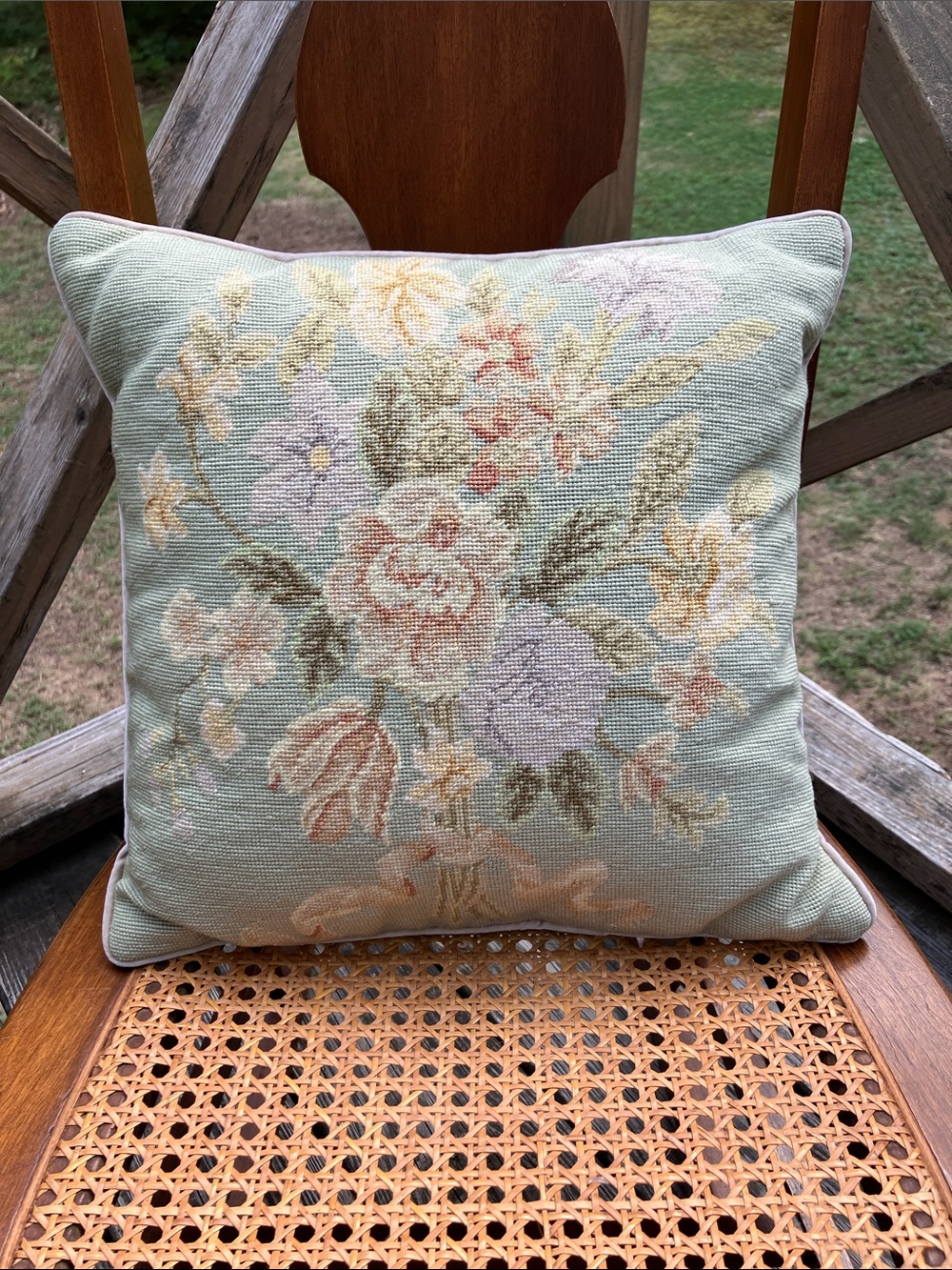 Vintage Floral Needlepoint Decorative Pillow French Country